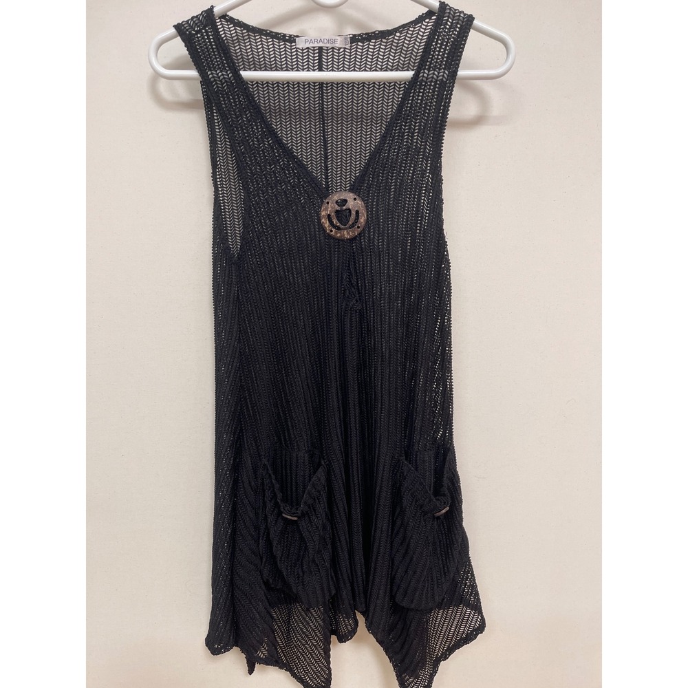Paradise Black Crochet Knit Sleeveless Tunic Top V-Neck Pockets XS/S